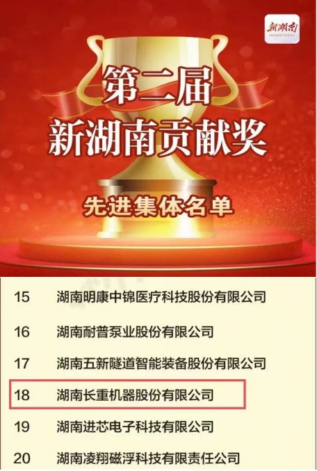 喜訊！長(zhǎng)重機(jī)器榮獲“新湖南貢獻(xiàn)獎(jiǎng)先進(jìn)集體”稱號(hào)
